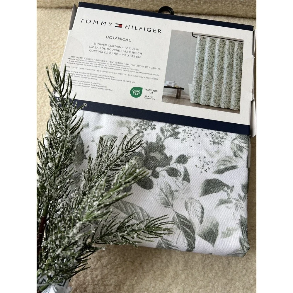 Tommy Hilfiger Botanical Cotton Blend Shower Curtain Green Flowers Leaves White